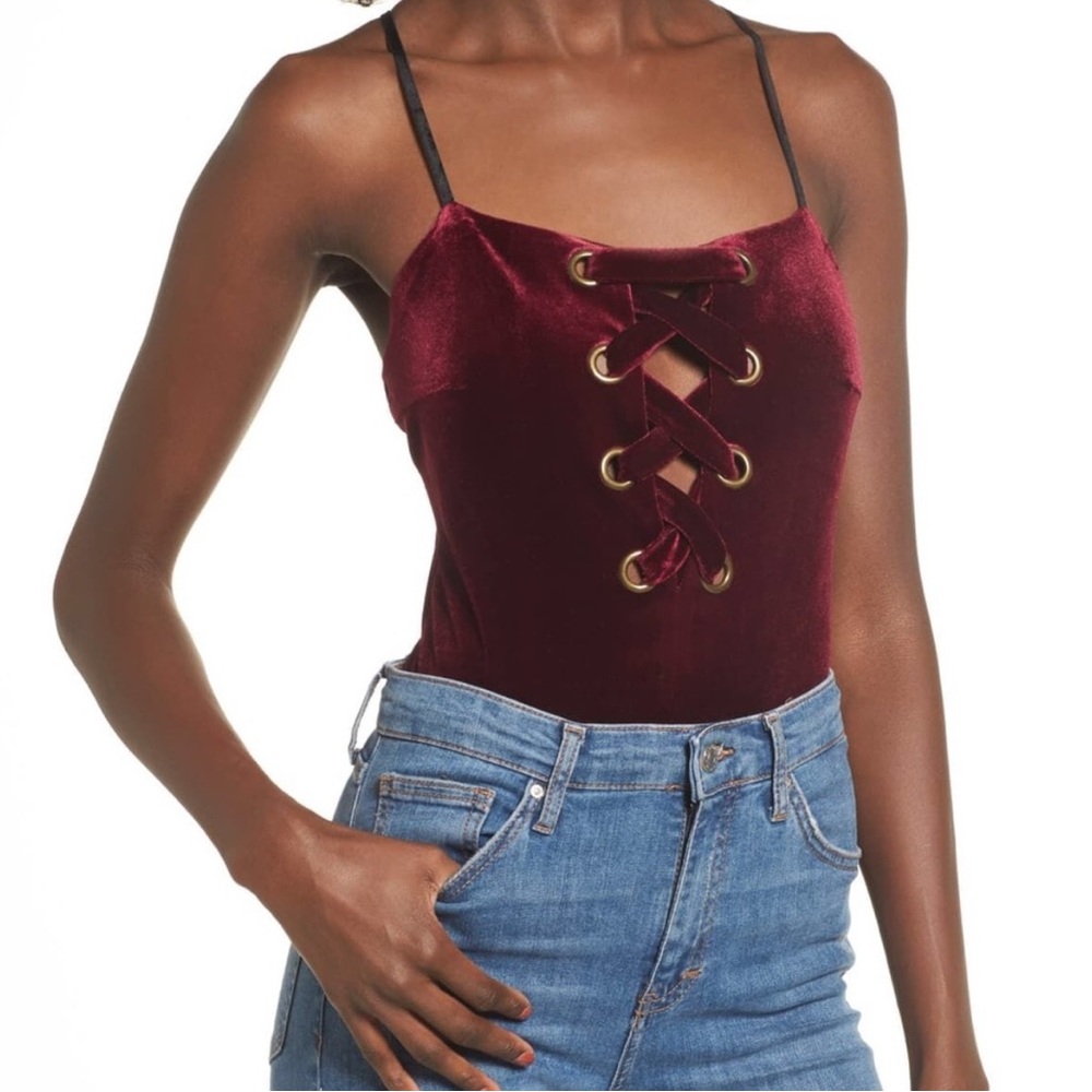 Lush Red Velvet Lace Up Tank Top Bodysuit - Size M